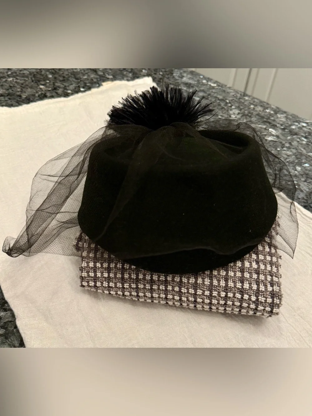 80s Betmar Black Wool Tilt Hat Feather Pompom USA Wool Vintage Women’s Church